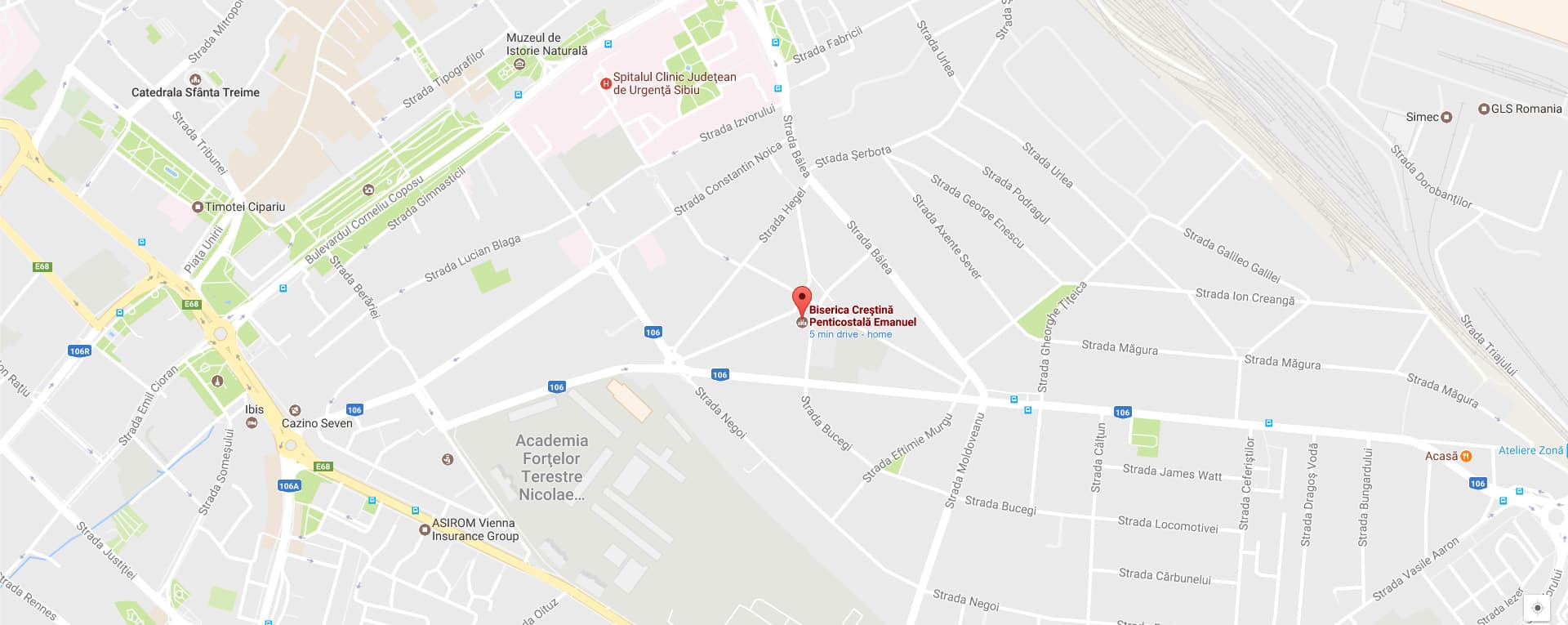 Hartă a zonei din Sibiu în care se află biserica, pe Str. Frații Grachi